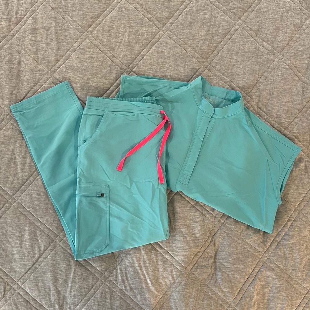 Figs Neon Blue Scrub Set with Bright Pink Drawstring